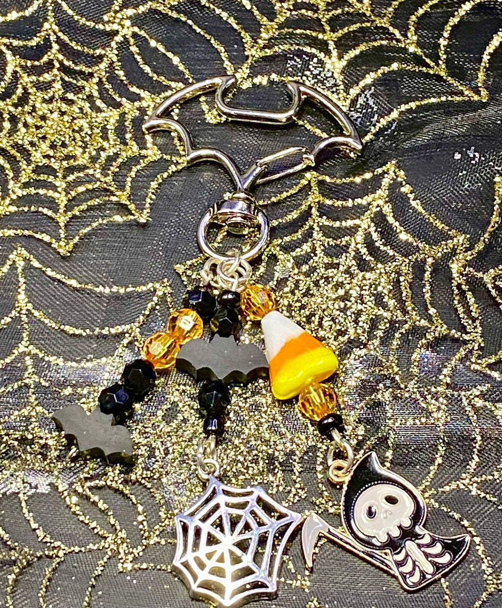 Halloween Keychain with Bat Clasp, Bat Keychain, Spiderwebs, Candy Corn, Spooky Gift, Boo Basket Accessories