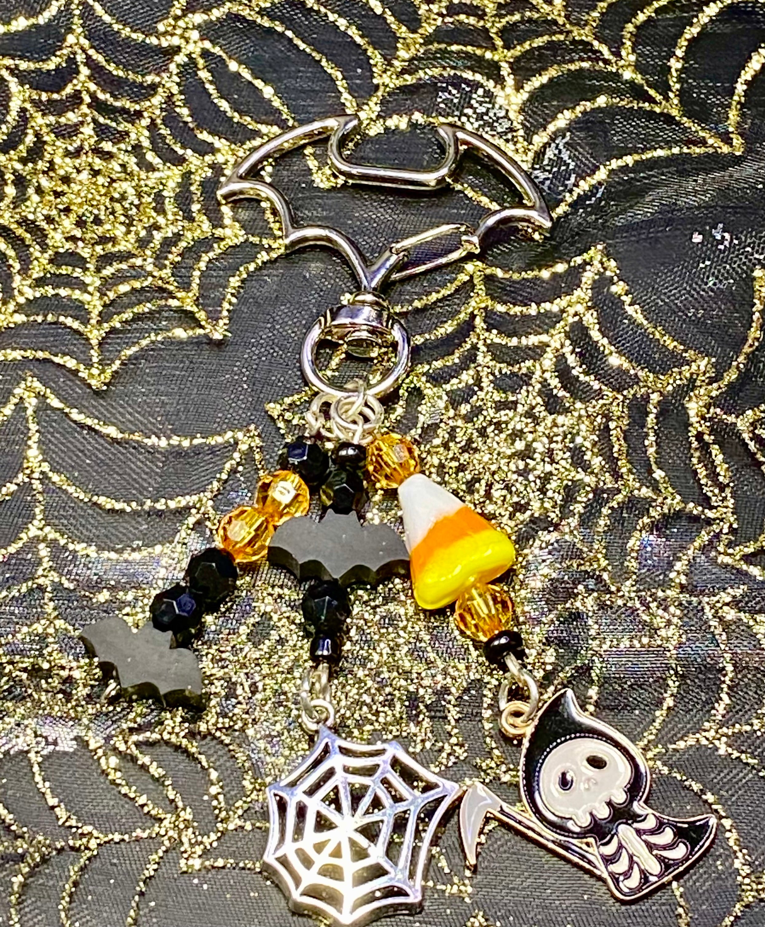 Halloween Keychain with Bat Clasp, Bat Keychain, Spiderwebs, Candy Corn, Spooky Gift, Boo Basket Accessories