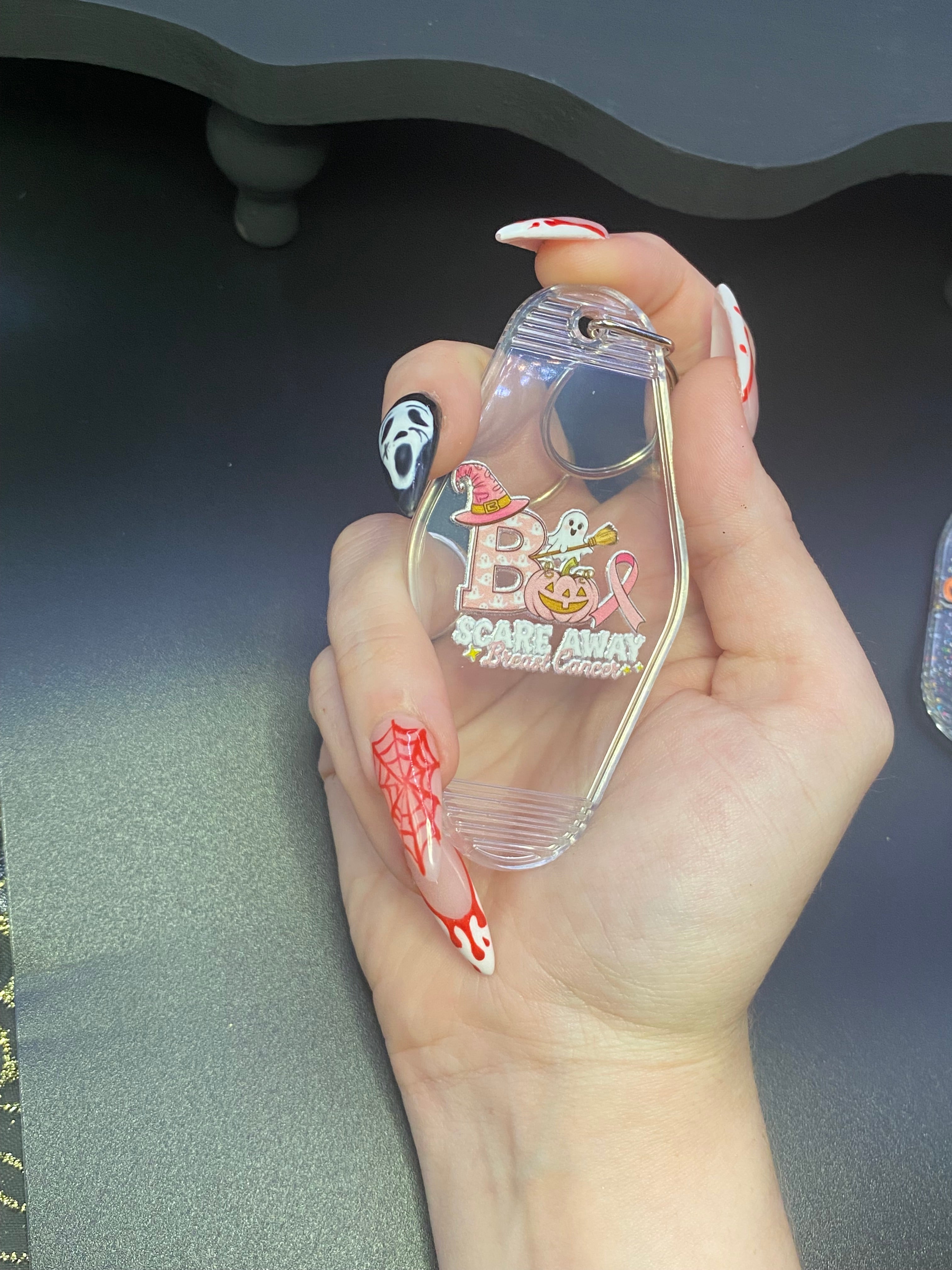 Halloween Motel Keychain, Spooky, October Breast Cancer Awareness Month, Boo Basket,