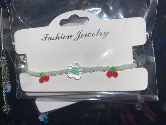 Cherries Bracelet with Green Flowers