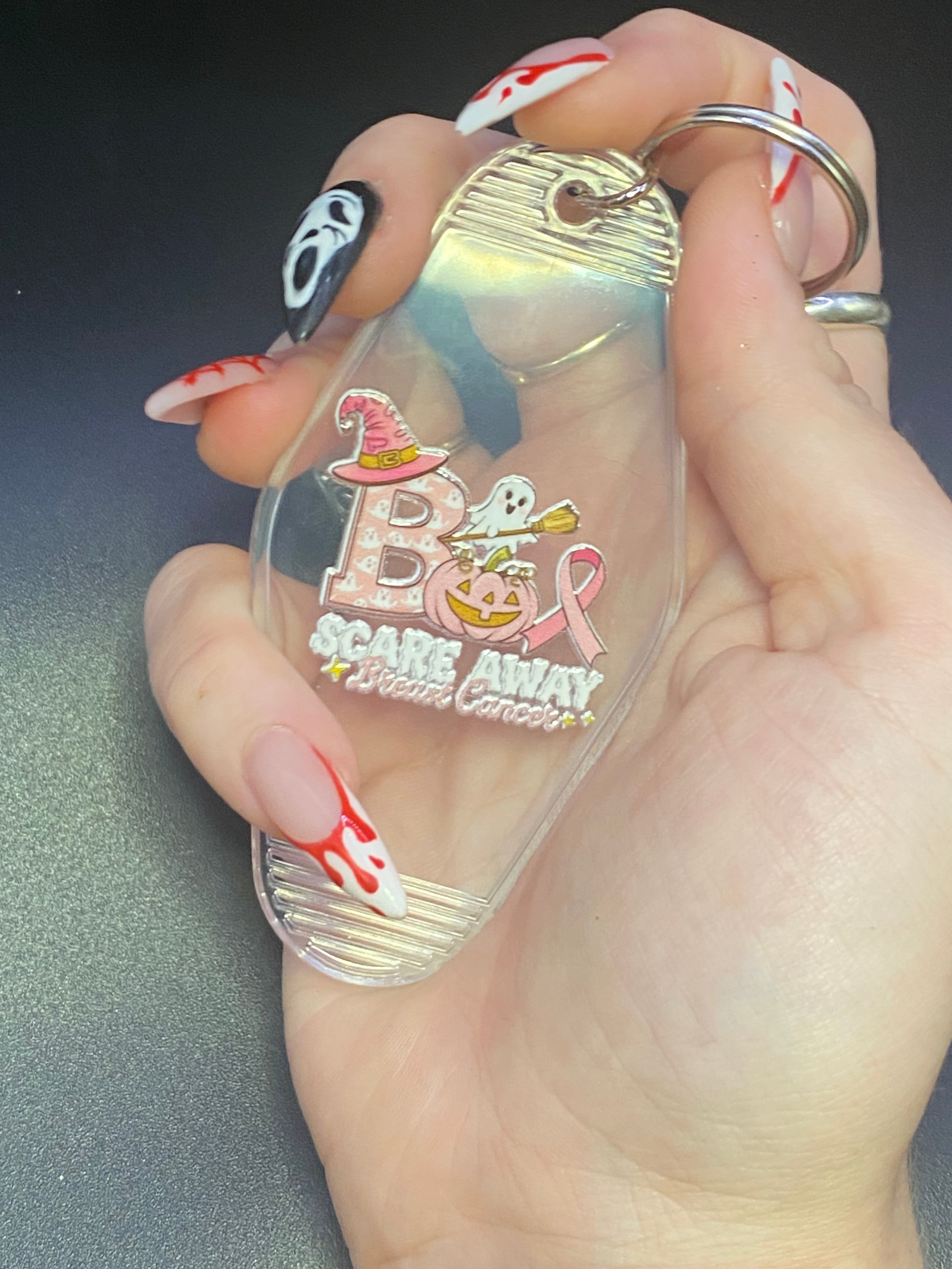 Halloween Motel Keychain, Spooky, October Breast Cancer Awareness Month, Boo Basket,