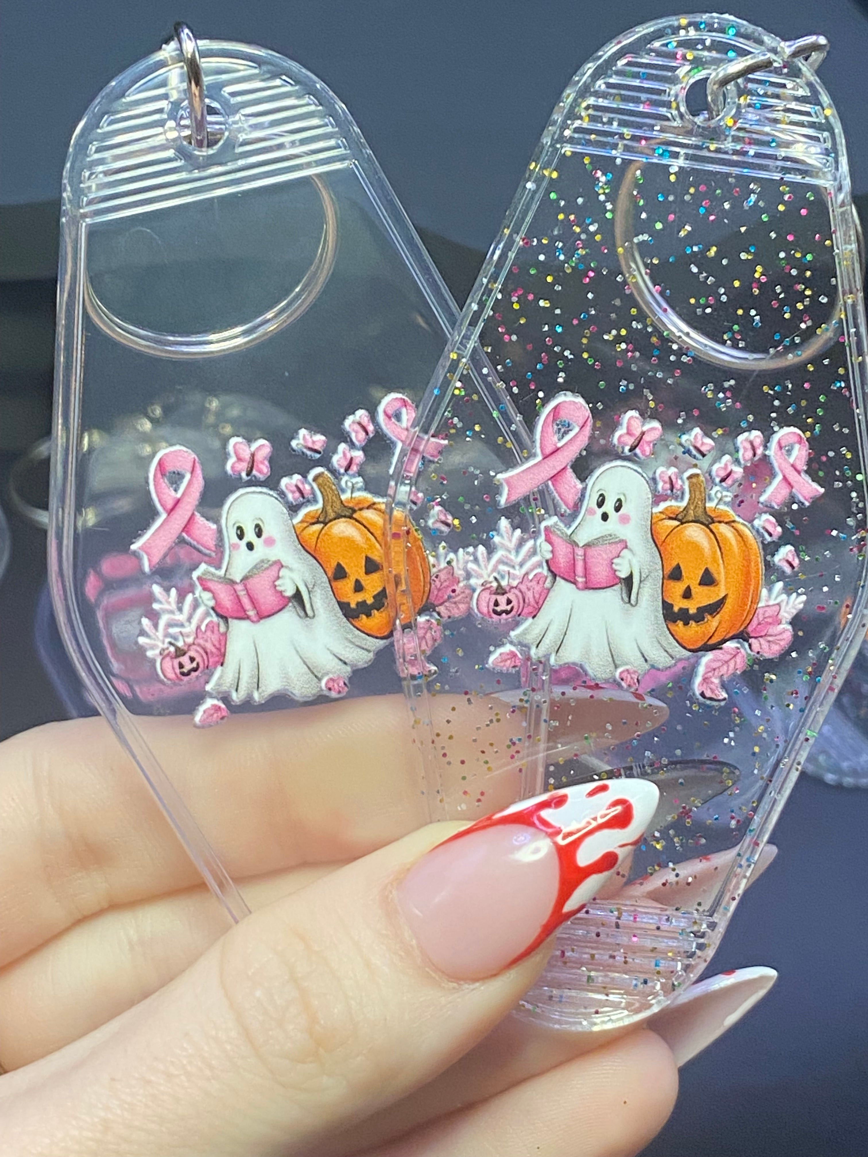 Halloween Motel Keychain, Spooky, October Breast Cancer Awareness Month, Boo Basket,