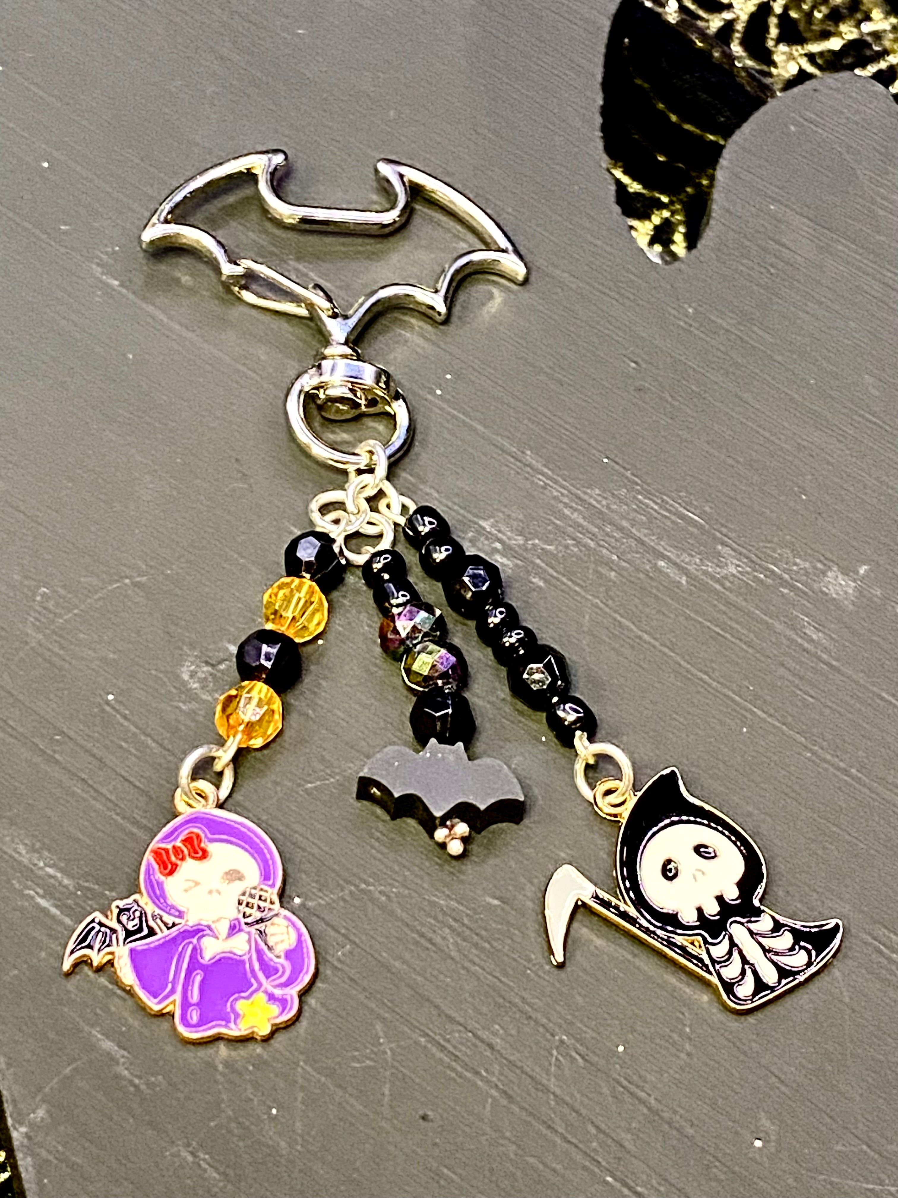 Halloween Keychain with Bat Clasp, Bat Keychain, Spiderwebs, Candy Corn, Spooky Gift, Boo Basket Accessories