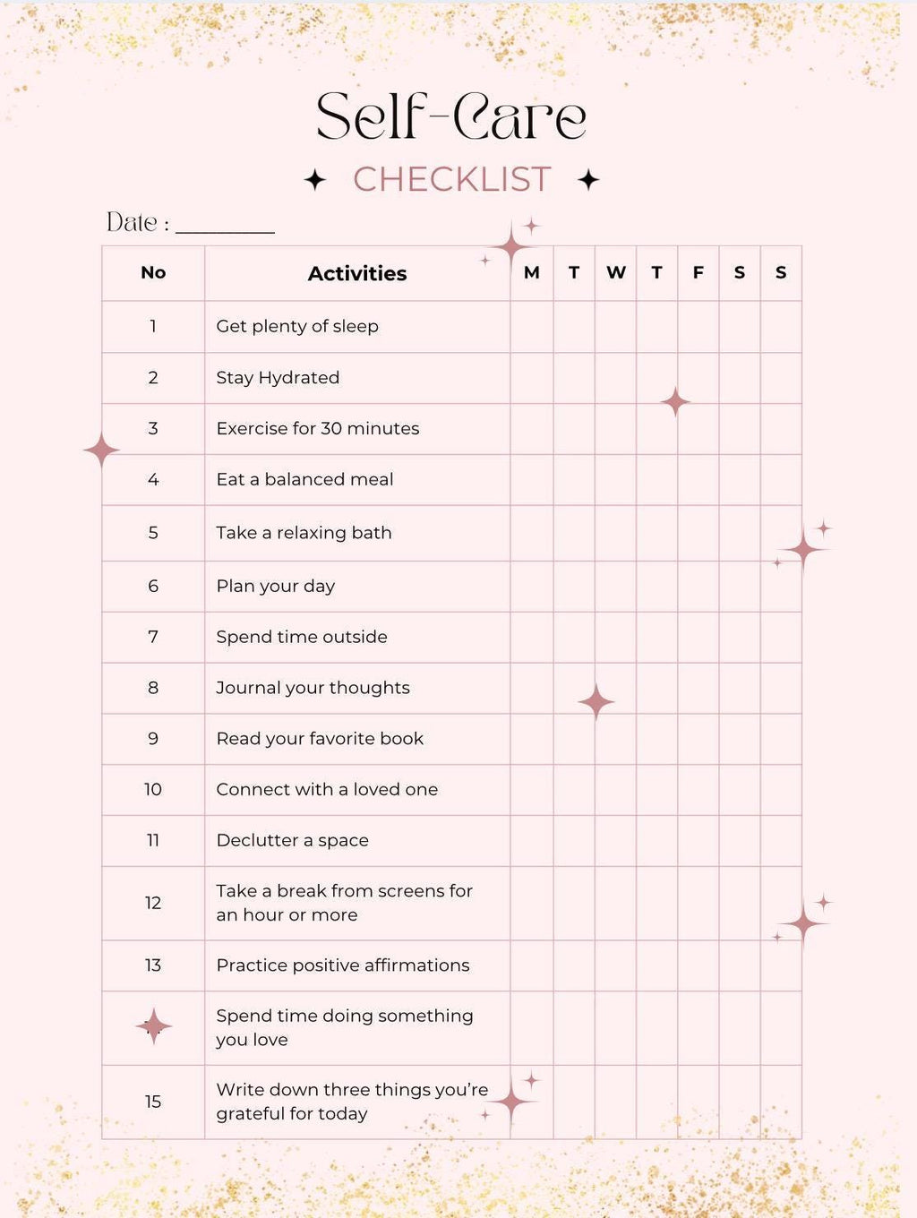 Self Care Habit Tracker Pink&Gold